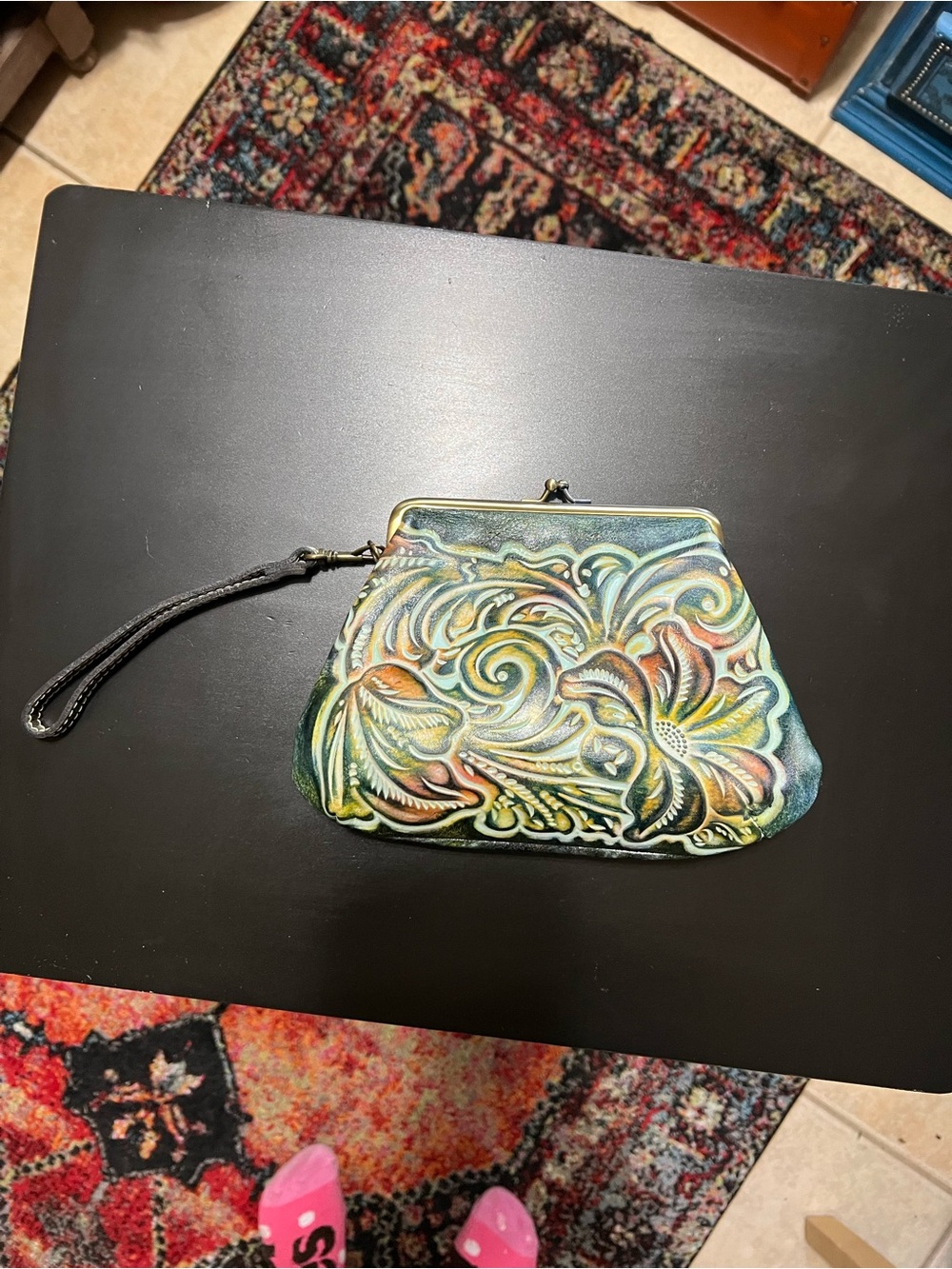 Hand-Tooled Floral Leather Wristlet Clutch in Multicolor
